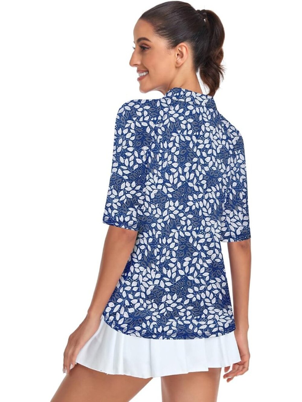 Women Blue-white Leaf Golf Shirt Quick Dry Half Sleeve 1/4 Zip Tennis Top M-3XL - Picture 2 of 5